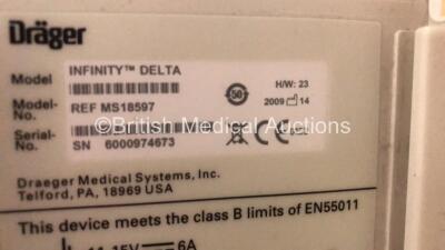 2 x Drager Infinity Delta Patient Monitors with HemoMed 1, Aux - Hemo 2 and 3, MultiMed and SpO2 Options *Mfd 2009 - 2009* with 2 x Drager Power Supplies and 2 x Docking Stations (Both Power Up) *6000974673 - 6001005185* - 5