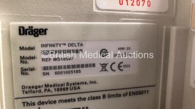 2 x Drager Infinity Delta Patient Monitors with HemoMed 1, Aux - Hemo 2 and 3, MultiMed and SpO2 Options *Mfd 2009 - 2009* with 2 x Drager Power Supplies and 2 x Docking Stations (Both Power Up) *6000974673 - 6001005185* - 6