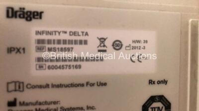 2 x Drager Infinity Delta Patient Monitors with HemoMed 1, Aux - 1 x Hemo 2 and 2 x Hemo 3, MultiMed and SpO2 Options *Mfd 2012 - 2009* with 2 x Drager Power Supplies and 2 x Docking Stations (Both Power Up) *6004575169 - 6000965968* - 5