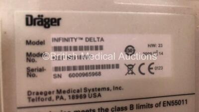 2 x Drager Infinity Delta Patient Monitors with HemoMed 1, Aux - 1 x Hemo 2 and 2 x Hemo 3, MultiMed and SpO2 Options *Mfd 2012 - 2009* with 2 x Drager Power Supplies and 2 x Docking Stations (Both Power Up) *6004575169 - 6000965968* - 6