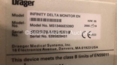 2 x Drager Infinity Delta Patient Monitors with HemoMed 1, Aux - Hemo 3, MultiMed and SpO2 Options *Mfd 2012 - 2005* with 2 x Drager Power Supplies and 2 x Docking Stations (Both Power Up) *5395828451 - 6004540670* - 5