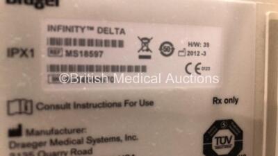 2 x Drager Infinity Delta Patient Monitors with HemoMed 1, Aux - Hemo 3, MultiMed and SpO2 Options *Mfd 2012 - 2005* with 2 x Drager Power Supplies and 2 x Docking Stations (Both Power Up) *5395828451 - 6004540670* - 6