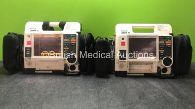 2 x Medtronic Physio-Control Lifepak 12 Biphasic 12 Lead Defibrillators / Monitors with CO2, SPO2, NIBP, ECG and Printer Options and 1 x Battery (Both Power Up with Stock Batteries, 1 x Battery Included, Both Missing / Damaged Casing, 1 with Missing Print