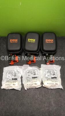 3 x Emma Ref 605100 Capnographs in Carry Cases (All Power Up) *SN 108177, 114691, 141130*