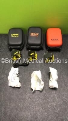 3 x Emma Ref 605100 Capnographs in Carry Cases (All Power Up) *SN 223005, 223333, 228487*