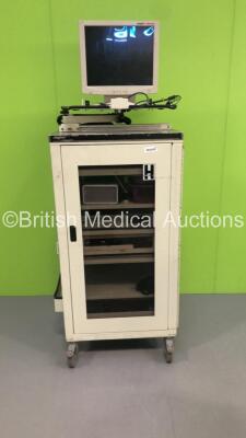 Stryker Storage Cabinet with Sony SVO-1410 Video Cassette Recorder, Stryker Endoscope Quantum 3000 Unit, Monitor and Accessories