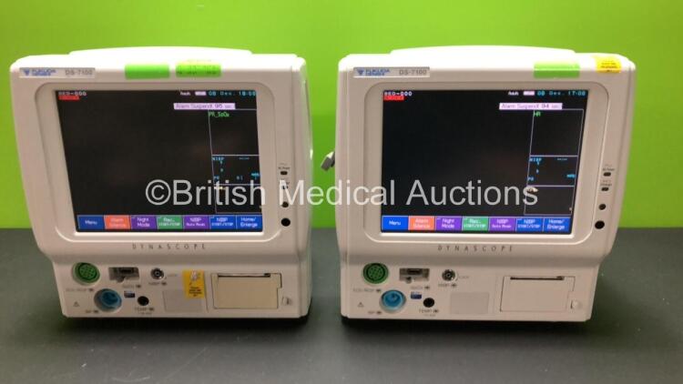 2 x Fukuda Denshi Dynascope DS-7100 Touch Screen Patient Monitors with ECG/Resp, SPO2, NIBP, BP, TEMP and Printer Options *Mfd 2014 - 2013* (Both Power Up)