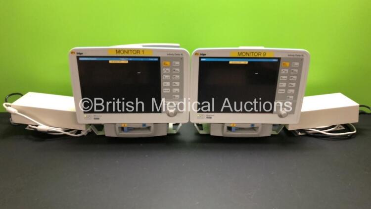 2 x Drager Infinity Delta XL Patient Monitors with HemoMed 1, Aux/Hemo 2, Aux/Hemo 3, NBP and MultiMed Options, 2 x Docking Stations and 2 x Power Supplies *Mfd 2009* (Both Power Up)