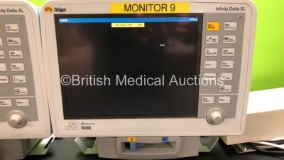 2 x Drager Infinity Delta XL Patient Monitors with HemoMed 1, Aux/Hemo 2, Aux/Hemo 3, NBP and MultiMed Options, 2 x Docking Stations and 2 x Power Supplies *Mfd 2009* (Both Power Up) - 2