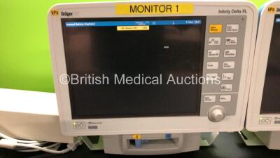 2 x Drager Infinity Delta XL Patient Monitors with HemoMed 1, Aux/Hemo 2, Aux/Hemo 3, NBP and MultiMed Options, 2 x Docking Stations and 2 x Power Supplies *Mfd 2009* (Both Power Up) - 3