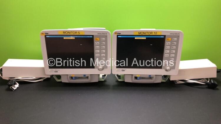 2 x Drager Infinity Delta XL Patient Monitors with HemoMed 1, Aux/Hemo 2, Aux/Hemo 3, NBP and MultiMed Options, 2 x Docking Stations and 2 x Power Supplies *Mfd 2009* (Both Power Up)