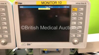 2 x Drager Infinity Delta XL Patient Monitors with HemoMed 1, Aux/Hemo 2, Aux/Hemo 3, NBP and MultiMed Options, 2 x Docking Stations and 2 x Power Supplies *Mfd 2009* (Both Power Up) - 2