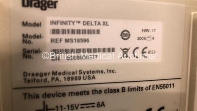 2 x Drager Infinity Delta XL Patient Monitors with HemoMed 1, Aux/Hemo 2, Aux/Hemo 3, NBP and MultiMed Options, 2 x Docking Stations and 2 x Power Supplies *Mfd 2009* (Both Power Up) - 6