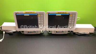 2 x Drager Infinity Delta XL Patient Monitors with HemoMed 1, Aux/Hemo 2, Aux/Hemo 3, NBP and MultiMed Options, 2 x Docking Stations and 2 x Power Supplies *Mfd 2006* (Both Power Up)