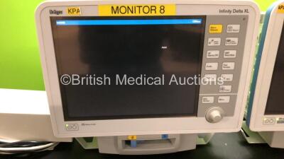 2 x Drager Infinity Delta XL Patient Monitors with HemoMed 1, Aux/Hemo 2, Aux/Hemo 3, NBP and MultiMed Options, 2 x Docking Stations and 2 x Power Supplies *Mfd 2009* (Both Power Up) - 3