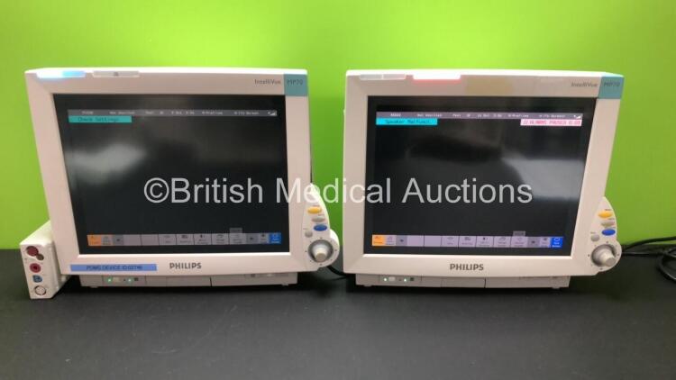 2 x Philips IntelliVue MP70 Anesthesia Patient Monitors with 1 x Philips M3001A Patient Module with ECG/Resp, SpO2, NBP, Press/Temp Options *Mfd 2012* (Powers Up)