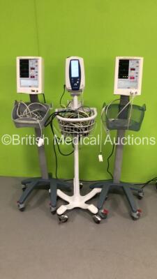 2 x Mindray Accutorr Plus Patient Monitors on Stands with 2 x BP Hoses and 2 x SpO2 Finger Sensors * 1 x Missing Wheel * and 1 x Welch Allyn Spot Vital Signs Monitor with 1 x BP Hose and Assorted Leads (All Power Up)