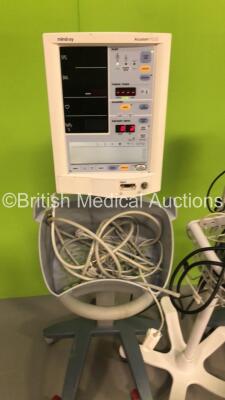 2 x Mindray Accutorr Plus Patient Monitors on Stands with 2 x BP Hoses and 2 x SpO2 Finger Sensors * 1 x Missing Wheel * and 1 x Welch Allyn Spot Vital Signs Monitor with 1 x BP Hose and Assorted Leads (All Power Up) - 4