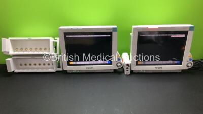 2 x Philips IntelliVue MP70 Anesthesia Patient Monitors with 1 x Philips M3001A Patient Module with ECG/Resp, SpO2, NBP, Press/Temp Options *Mfd 2012* and 2 x Philips M8048A Module Racks (Both Power Up)