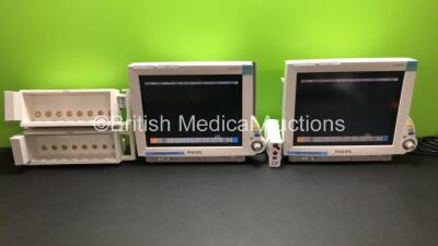 2 x Philips IntelliVue MP70 Anesthesia Patient Monitors with 1 x Philips M3001A Patient Module with ECG/Resp, SpO2, NBP, Press/Temp Options *Mfd 2009* and 2 x Philips M8048A Module Racks (Both Power Up)