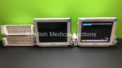 2 x Philips IntelliVue MP70 Anesthesia Patient Monitors with 1 x Philips M3001A Patient Module with ECG/Resp, SpO2, NBP, Press/Temp Options *Mfd 2009* and 2 x Philips M8048A Module Racks (Both Power Up with 1 x Blank Screen)