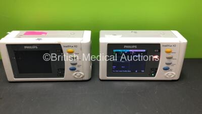 2 x Philips IntelliVue X2 Handheld Patient Monitors with Press/Temp, NBP, SpO2 and ECG/Resp Options *Mfd 2008 - NA* (Both Power Up with Stock Battery - Not Included and Some Casing Damage - See Photos)