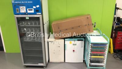 Mixed Lot Including 2 x Bristol Maid Crash Trolleys,1 x Jencons Freezer,1 x LEC Medical Fridge,1 x Labcold Blood Bank Fridge and Job Lot of Crutches (2 x Power Up,1 x Unable to Open Door)