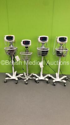 4 x Welch Allyn 53NT0 Patient Monitors on Stands with 4 x BP Hoses,4 x SpO2 Finger Sensors and 3 x BP Hoses (All Power Up) * SN JA054207 / JA041801 / JA053756 / JA123090 *