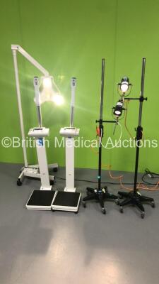 Mixed Lot Including 1 x LUXO Patient Examination Light on Stand,2 x Downs Surgical Patient Examination Lights on Stands and 2 x Seca Standing Weighing Scales (All Power Up) * SN 3606083 / 01912 / 02061 *