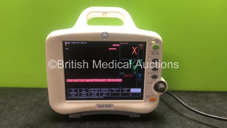 GE Dash 3000 Patient Monitor Including ECG, CO2, NBP, BP1/3, BP2/4, SpO2 and Temp/CO Options (Powers Up with Cracked Casing-See Photo)