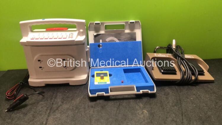 Mixed Lot Including 1 x Weinmann Accuvac Transport Rescue Suction Unit (Untested Due to DC Power Supply) 1 x Nerve Stimulator MultiStim Sensor (Untested Due to Possible Flat Batteries) 1 x Olympus MAJ-528 Footswitch *SN 6613, 19448*