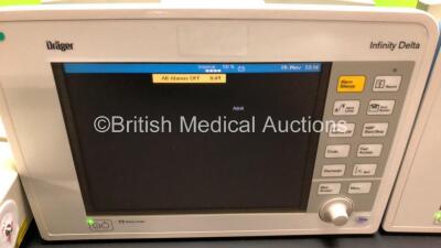 2 x Drager Infinity Delta Patient Monitors with HemoMed 1, Aux - Hemo 3, MultiMed and SpO2 Options and 2 x Power Supplies *Mfd 2008* (Both Power Up with 1 x Missing Side Panel - See Photo) *6000493675 - 6000465581* - 3