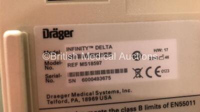 2 x Drager Infinity Delta Patient Monitors with HemoMed 1, Aux - Hemo 3, MultiMed and SpO2 Options and 2 x Power Supplies *Mfd 2008* (Both Power Up with 1 x Missing Side Panel - See Photo) *6000493675 - 6000465581* - 5