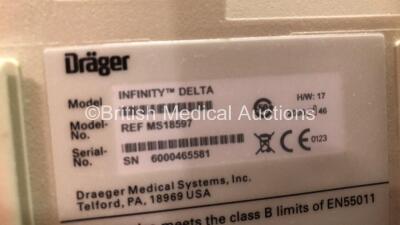 2 x Drager Infinity Delta Patient Monitors with HemoMed 1, Aux - Hemo 3, MultiMed and SpO2 Options and 2 x Power Supplies *Mfd 2008* (Both Power Up with 1 x Missing Side Panel - See Photo) *6000493675 - 6000465581* - 6