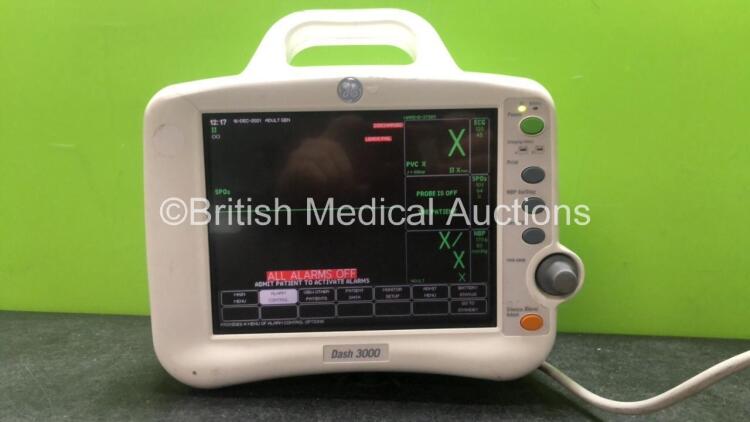 GE Dash 3000 Patient Monitor Including ECG, NBP, CO2, SpO2, Temp/CO, BP1/3 and BP2/4 Options (Powers Up with Cracked Casing-See Photo)