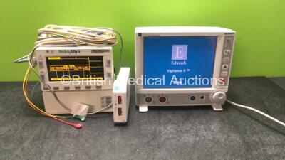 Mixed Lot Including 1 x Welch Allyn Propaq Encore Patient Monitor Including ECG, P1, P2, T1, T2, NIBP and CO2 Options with 1 x 3 Lead ECG Lead and 1 x SpO2 Lead (Powers Up- Power Supply Not Included) 1 x Datex Ohmeda E-PT Module and 1 x Edwards Lifescienc