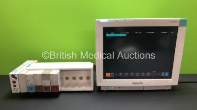 Job Lot Including 1 x Philips IntelliVue MP70 Neonatal Touch Screen Patient Monitor Software Revision J.10.50 *Mfd 12-2004* (Powers Up) 1 x Philips M3001A Module Including ECG/Resp, SpO2, NBP, Press and Temp Options *Mfd 2004-12* with 1 x Philips M8048A M