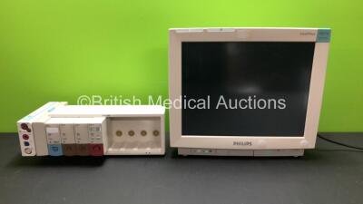 Job Lot Including 1 x Philips IntelliVue MP70 Neonatal Touch Screen Patient Monitor *Mfd 12-2004* (Powers Up with Blank Screen) 1 x Philips M3001A Module Including ECG/Resp, SpO2, NBP, Press and Temp Options *Mfd 2004-12* with 1 x Philips M8048A Module Ra