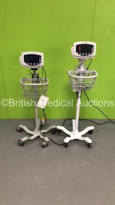 2 x Welch Allyn 53N00 Patient Monitors on Stands with 2 x BP Hoses and 1 x SpO2 Finger Sensor (1 x Powers Up,1 x No Power) * SN JA048628 / JA112239 *