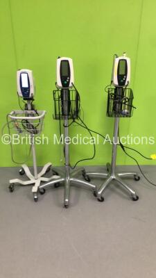 3 x Welch Allyn Spot Vital Signs Monitors on Stands with 3 x BP Hoses and 3 x SpO2 Finger Sensors (2 x Power Up,1 x Powers Up with Error) * SN 200717928 / 200103929 / 200302400 *