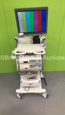 Olympus Stack Trolley Including Olympus OEV191H Monitor,Olympus Visera Pro OTV-S7Pro Digital Processor,Olympus Visera Pro CLV-S40Pro Light Source/Processor,Sony Color Video Printer UP-21MD,Sony DVD Recorder DVO-1000MD,Olympus Keyboard and Olympus MH-317 F