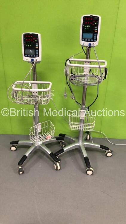 2 x Mindray VS-800 Patient Monitors on Stands with 2 x BP Hoses and 2 x SpO2 Finger Sensors (Both Power Up-1 x Missing Light Lens-See Photos) * SN BY72-A3431P / BY-12125126 *