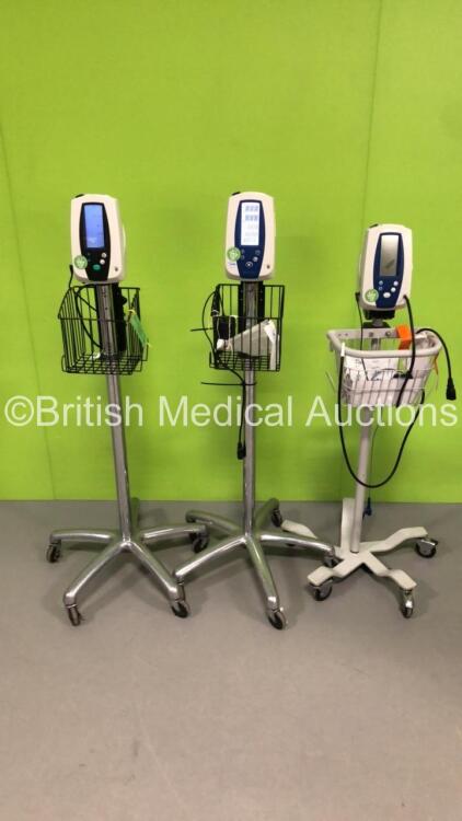 2 x Welch Allyn SPOT Vital Signs Monitors on Stands and 1 x Welch Allyn 420 Series Vital Signs Monitor on Stand (2 x Power Up - 1 x No Power)