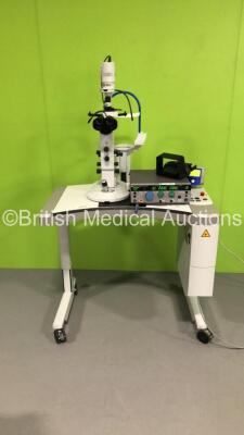 Haag Streit Bern BQ 900 Slit Lamp with 2 x 12,5x Eyepieces on Motorized Table with Meridian Microruptor V Unit Version 6.0 and IRIS Medical Oculight SLx Unit (Powers Up with Stock Key - Key Not Included) *S/N FS0119927 / FSA0119225 / FS0119165*