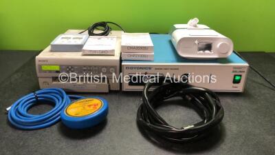 Mixed Lot Including 1 x Sony UP-55MD Colour Video Printer (Powers Up) 1 x Dyonics Xenon Light Source (Powers Up) 1 x Eschmann Electrosurgery Footswitch, 3 x Orthosonics LTD Oscar Single Use Acetabular Probes *All Out of Date* 1 x KanMed Warm Cloud OT600 M