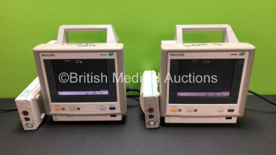 2 x Philips M3046A Monitors (Both Power Up) with 1 x Philips M30001A and 1 x Philips M3000A Modules Including ECG/Resp, SpO2, NBP Options