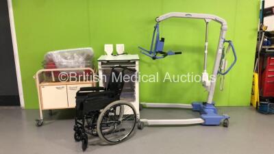 Mixed Lot Including 1 x Oxford Presence Electric Patient Hoist with Controller (Unable to Test Due to No Battery),1 x Mobile Workstation Trolley with Drawers,1 x Mobile Infant Cot and 1 x Manual Wheelchair