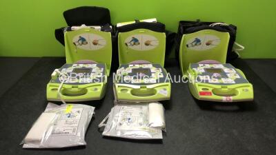 3 x Zoll AED + Plus Defibrillators with Zoll Pads (1 Powers Up, 2 No Power Due to Possible Flat Batteries) *SN X10A436836, X08L385657, X04G038210*