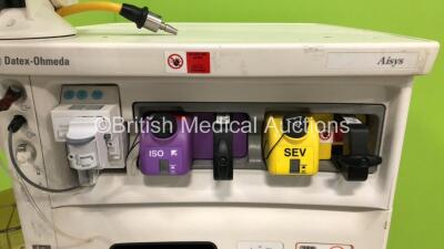 GE Datex Ohmeda Aisys Anaesthesia Machine *System Software - 08.01* with Aladin2 Isoflurane Vaporizer, Aladin2 Sevoflurane Vaporizer, GE E-CAiOV Gas Module with Spirometry Option, Fresh Gas Module and Mini D-fend Water Trap *Mfd - 11/2011*, Bellows and Ho - 4