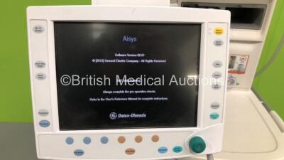 GE Datex Ohmeda Aisys Anaesthesia Machine *System Software - 08.01* with Aladin2 Isoflurane Vaporizer, GE E-CAiOV Gas Module with Spirometry Option, Fresh Gas Module and Mini D-fend Water Trap *Mfd - 01/2009*, Bellows and Hoses (Powers Up) *ANAP00935 / 64 - 2